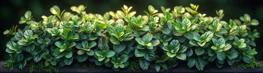Lush green foliage creates a vibrant natural backdrop in a serene outdoor setting during the early morning light
