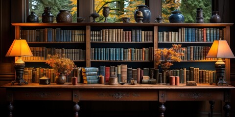 Antique bookshelf filled with vintage books and decorative objects - obrazy, fototapety, plakaty