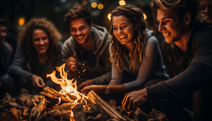Group of young adults sitting around campfire, laughing and enjoying nature generated by AI