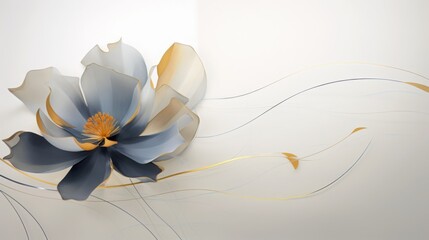 Minimalist floral design in blue-gray and orange on white
