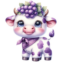Watercolor Illustration of Cute Pastel Purple Baby Cow with Grapes  on its Head, Fruit  Animal for Nursery, Baby Shower, Birthday, Isolated on Transparent Background. Generative AI
