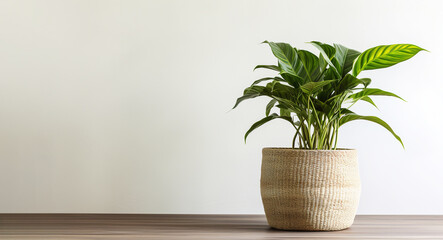 Houseplant in flowerpot on a table in front of light background with copy space