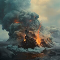 Dramatic volcanic eruption at sea. plumes of smoke and fire rise. a powerful nature event captured in a photo. ideal for educational use. AI