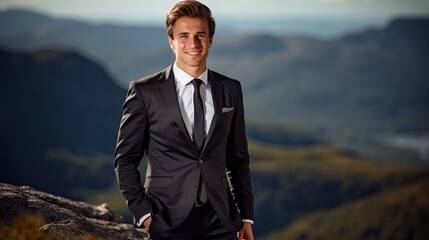 smiling young executive, standing at the top of the mountain