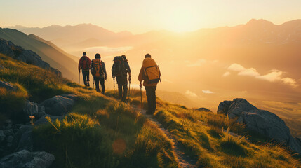 A Group of People Hiking up a Hill at Sunset - obrazy, fototapety, plakaty