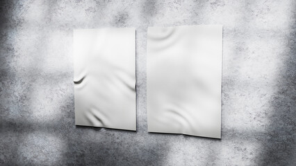 Two blank posters on concrete wall with shadows overlay