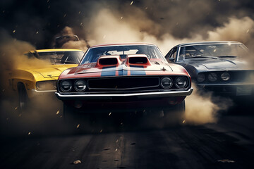 Vintage classic muscle sport cars participating in speed racing. Generative AI