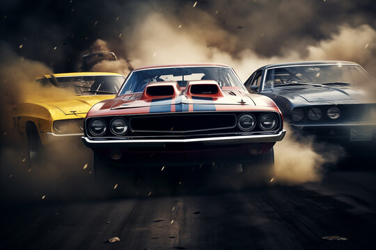 Fototapeta Vintage classic muscle sport cars participating in speed racing. Generative AI