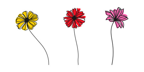 colorful beautiful flowers one line, vector. isolated