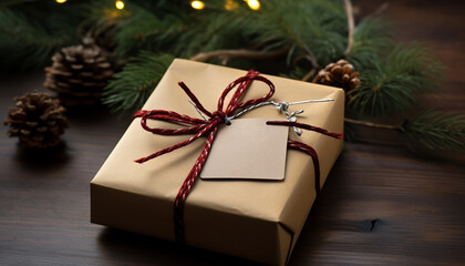 Homemade gift wrapped in rustic paper, adorned with ornament generated by AI