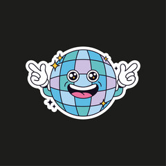 Disco ball, retro character, vintage groove design. Color vector illustration.