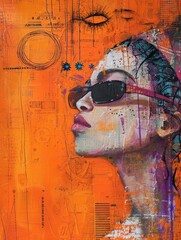 A vibrant, modern portrait showcasing a woman in sunglasses against an orange textured backdrop with artistic elements