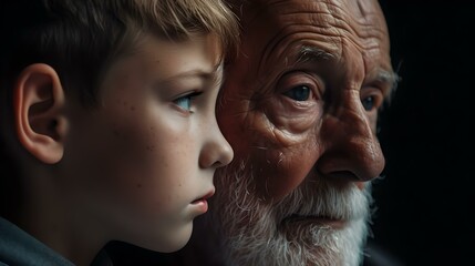 Portrait of a boy and elderly man showing generational bonding. evocative, close-up, emotional connection. ideal for family themes. AI