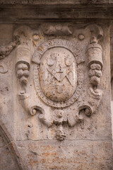 Munich, Germany -April 27,2023: Details of stone ornaments on the facades of baroque buildings in the German city Munich.