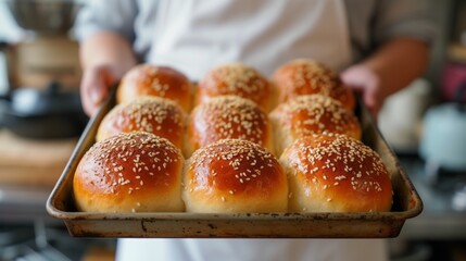 a man in a white shirt and apron holds a baking sheet with six freshly baked buns sprinkled with sesame seeds.
