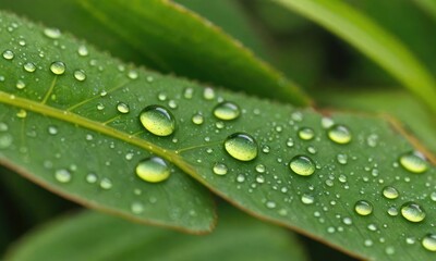 Fototapeta na wymiar Liquid Elegance: Macro View of Fresh Raindrops on a Lush Green Leaf