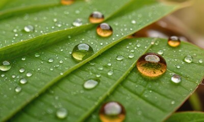 Fototapeta premium Biophilic Oasis: Dive into the Refreshing Micro World of Leaf Water Droplets