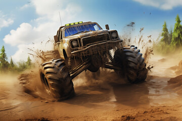 Big monster truck roaring through muddy obstacle course. Generative AI - obrazy, fototapety, plakaty
