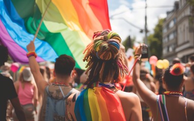 Back view of people with LGBT and rainbow flags on parade in the street.