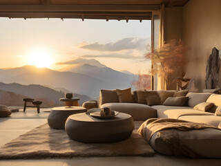 Generative KI wabi sabi wohnzimmer mit couches und großem Fenster bei Sonnenaufgang mit Bergen im Hintergrund
