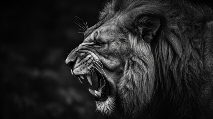 Majestic lion roaring in monochrome tone. Wildlife and nature.