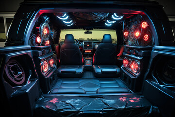 Truck interior with custom-built audio system. Generative AI - obrazy, fototapety, plakaty