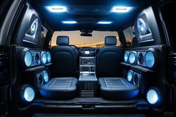 Truck interior with custom-built audio system. Generative AI