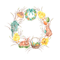 Spring and Easter. Watercolor wreath, frame, border, illustration. Easter wreath, chicken, bunny, birdhouse, basket, eggs, willow, daffodils. Spring religious holiday. For printing on cards, stickers