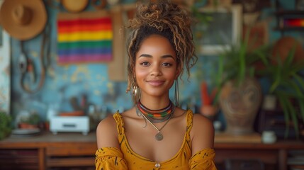 Portrait of African American girl is working at home with LGBT rainbow flag on background