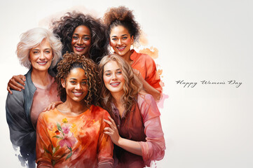 Cheerful multigenerational family portrait in watercolor style, happy women's day greeting card concept - 730347292