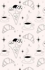 Hand drawn coffee pattern with cup,croissant and ice cream.Linear vector pattern.