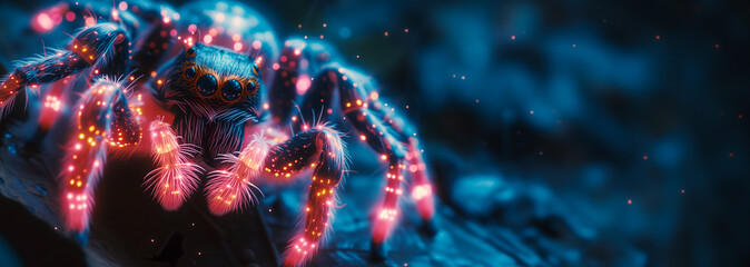 Futuristic spider banner. Energized spider. Electrified spider. Banner. Animal banner. Sci-fi spider. Sci-fi banner. Glowing spider. Tarantula banner.