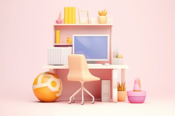 Playful Pixel Paradise: A Flat Design Office Icon in Soft Pastels. A Cheerful Flat Design Office in Soft Pastel Hues.