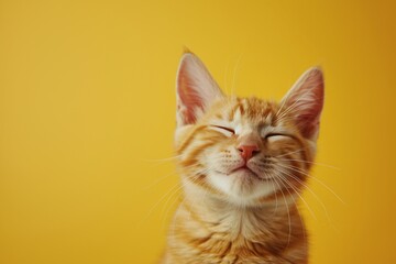 Beautiful kitten, sweetly smiling with joy. Sweet wallpaper, background colored brightly.