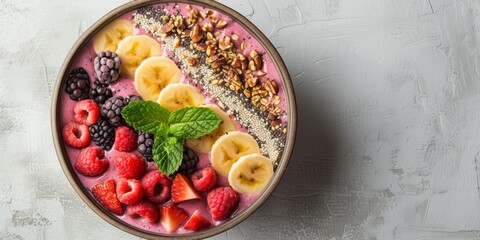 Smoothie bowl, healthy breakfast, rich colors fruit ingredients, overhead angle, a flat lay composition. The bowl is placed on a light grey, textured surface with copy space