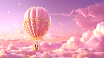 Lovely fairytale wallpaper with a beautiful hot air balloon on a pink morning sky with clouds background. AI generated illustration.