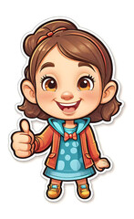 vector illustration, funny cheerful flat logo of girl holding thumbs up (like), isolated on white background, color children's drawing for illustration, sticker, background for smartphone,