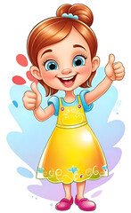 vector illustration, funny cheerful flat logo of girl holding thumbs up (like), isolated on white background, color children's drawing for illustration, sticker, background for smartphone,