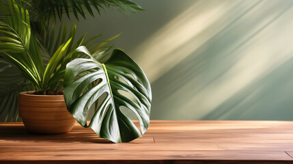 Monstera tropical leaves in flower pot on wooden table against the wall with shadows