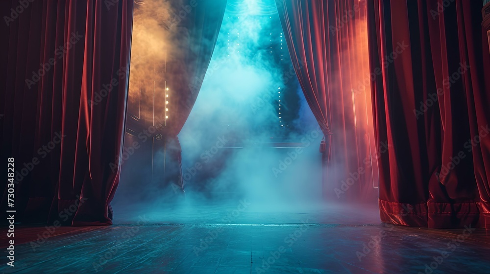 Poster mysterious theatre stage with red curtains and fog, empty performance space, artistic event backdrop