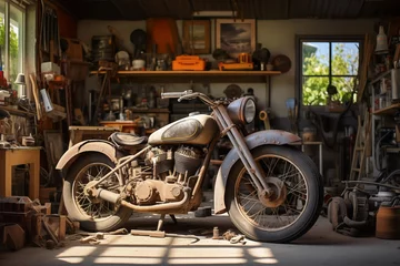 Selbstklebende Fototapeten Old motorbike in a vintage garage. Generative AI © Nomad_Soul