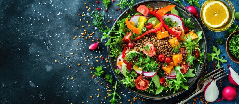 Vegetarian green salad with lentils and vegetables served on a plate. Healthy eating, clean diet, detox. Flat Lay.