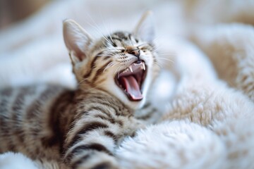 Sweet kitten, brightly smiling with joy. Adorable wallpaper, nature's sweetest backdrop.