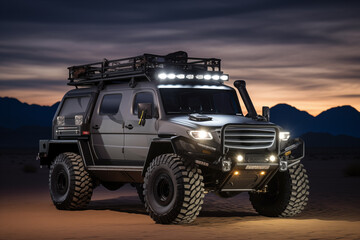 Fototapeta premium Custom truck with bed-mounted roll bar, lights and antennas. Generative AI
