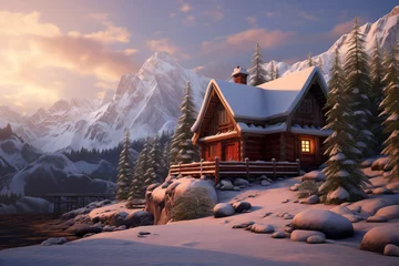 Rolgordijnen Cozy snowcapped cabin in mountains valley during sunny morning. Generative AI © Nomad_Soul