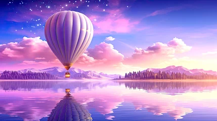 Gordijnen Lovely calming wallpaper with a beautiful hot air balloon on a lilac morning sky and a mountain lake landscape background. AI generated illustration. © Ольга Зуевская