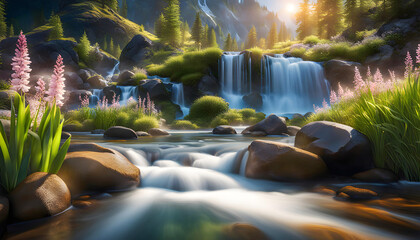 Obraz premium source of pure spring water from mountain peaks, sunny early morning, pure spring water, beautiful landscape with mountains,