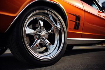 Detail shot wheels and tires of luxury muscle car. Generative AI