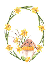 Easter bunny watercolor frame, wreath, illustration. Cute bunny, daffodils. Spring religious holiday. Happy Easter! For printing on greeting cards, invitations, stickers.