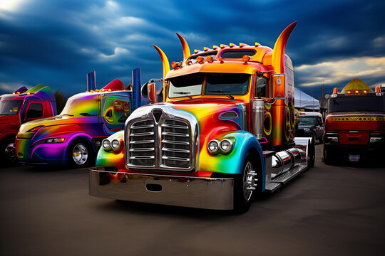 Custom semi truck with bright vibrant flame paint. Generative AI